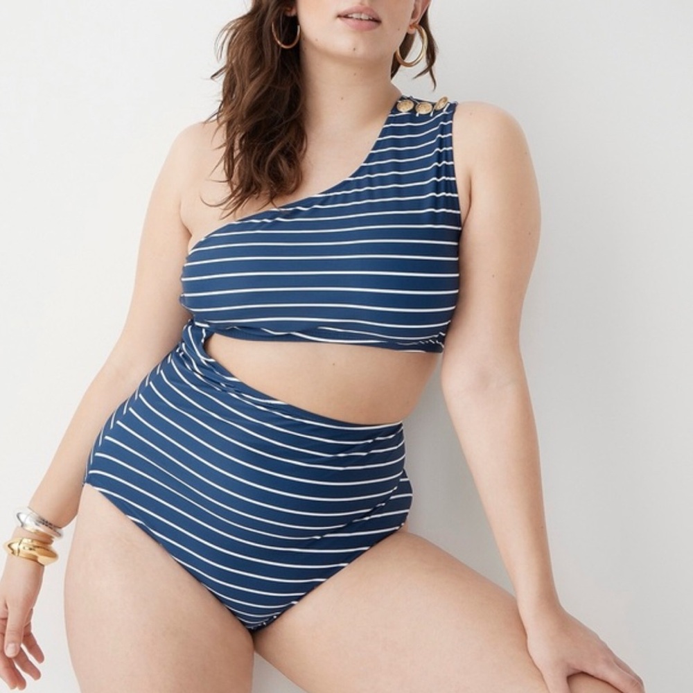 J.Crew One Shoulder Cutout One Piece Swimsuit Navy Stripe Plus 18 NWT